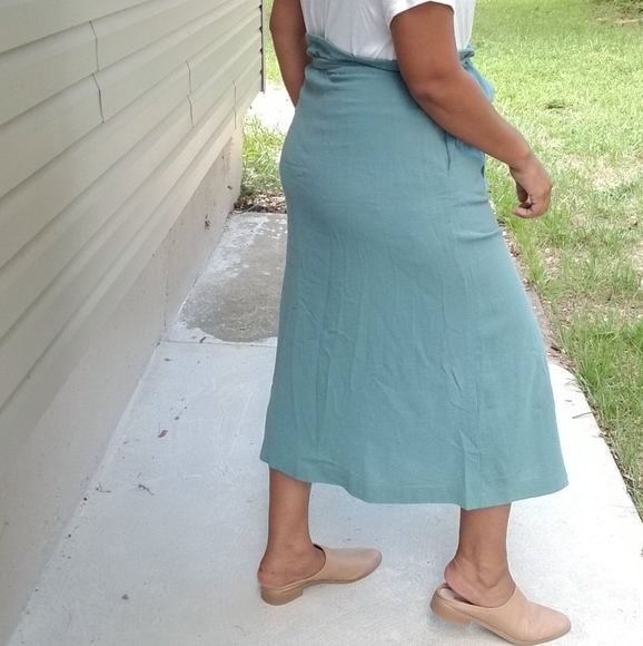 GREEN PAPERBAG BUTTON DOWN MIDI SKIRT - Picture 3 of 6